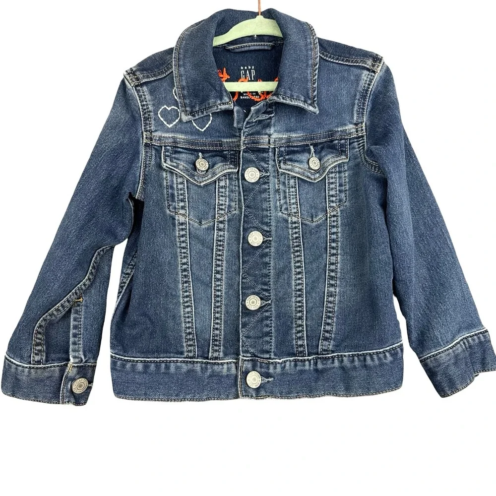 Baby Gap Clementine Kids Denim Jacket Girls 3T Blue Stretch Button Front Hearts